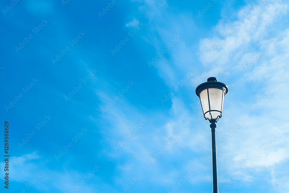 A single street lamp standing tall against a bright blue sky, adding an urban aesthetic A single street lamp standing tall against a bright blue sky, adding an urban aesthetic