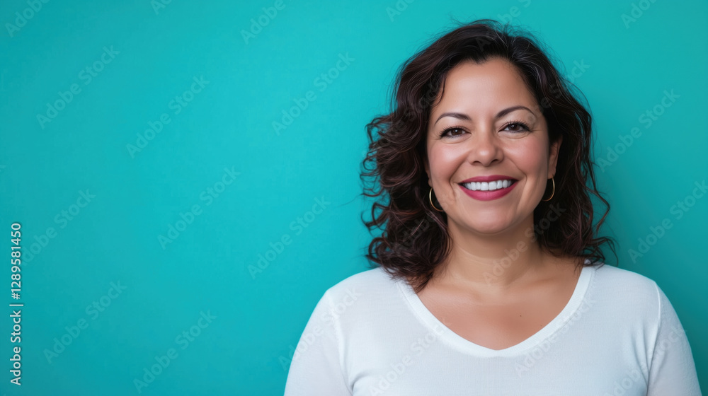 Fototapeta premium Hispanic Woman in Her 40s Smiling Warmly While Standing Against a Solid Turquoise Background, Exuding Confidence, Happiness, and Approachability