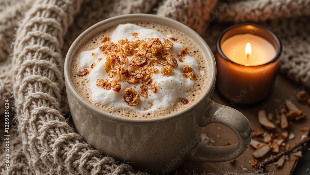 Warm caramel coconut latte with toasted flakes brown sugar cozy scarf and a flickering candle Comfort in a mug for serene moments Warm caramel coconut latte with toasted flakes brown sugar cozy scarf and a flickering candle Comfort in a mug for serene moments