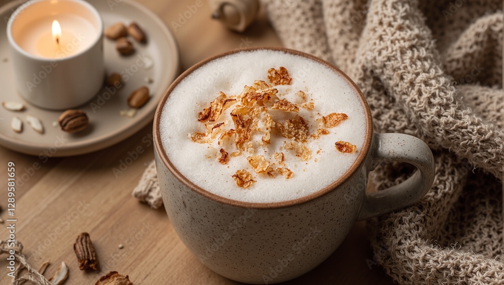 Warm caramel coconut latte with toasted flakes brown sugar cozy scarf and a flickering candle Comfort in a mug for serene moments Warm caramel coconut latte with toasted flakes brown sugar cozy scarf and a flickering candle Comfort in a mug for serene moments