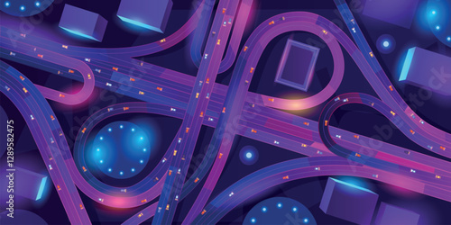 Night intersection top view. Transport interchange city road intersection highway, cyberpunk futuristic expressway urban junction neon illuminate freeway swanky vector illustration