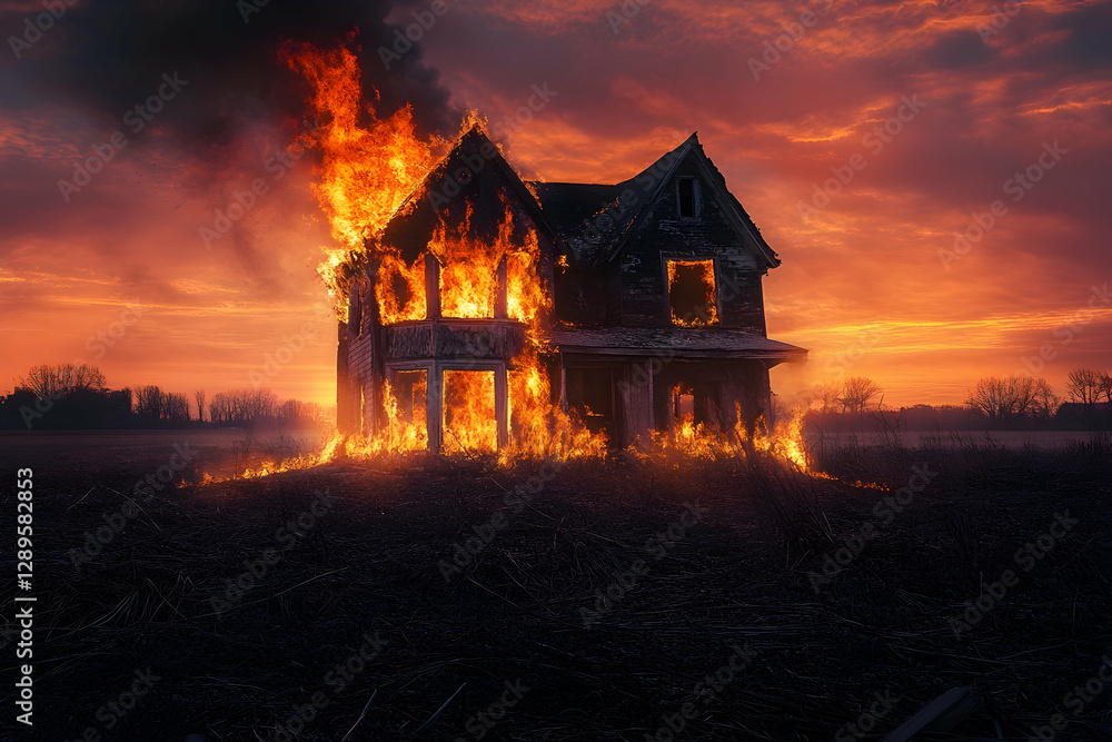 Abandoned house engulfed in flames at dusk, set against a vast rural backdrop Abandoned house engulfed in flames at dusk, set against a vast rural backdrop