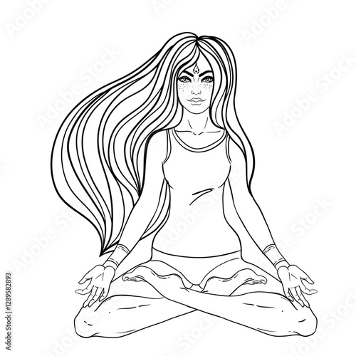 Chakra concept. Girl sitting in lotus position over black and white ornate ma...