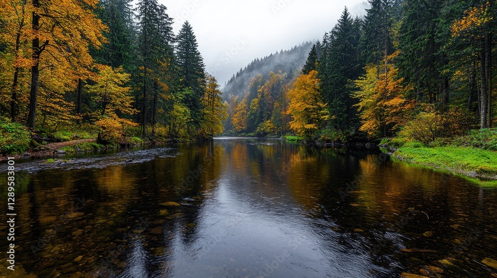 Obraz premium Autumnal river valley, misty forest reflection