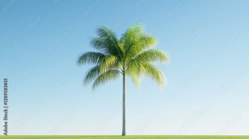 Palm Tree on Green Field with Clear Blue Sky Palm Tree on Green Field with Clear Blue Sky