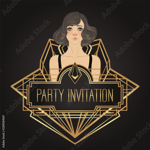 Retro fashion, glamour girl of twenties. Asian pretty woman. Vector illustration. Flapper 20s style. Vintage party invitation design template. Fancy asian lady.