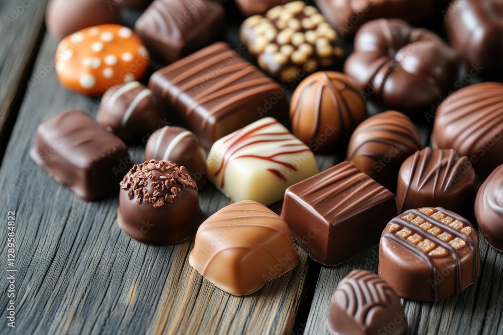 A Variety of Gourmet Chocolates Arranged on a Rustic Wooden Surface, Showcasing Different Shapes, Textures, and Elegant Designs Perfect for Connoisseurs and Gift Giving A Variety of Gourmet Chocolates Arranged on a Rustic Wooden Surface, Showcasing Different Shapes, Textures, and Elegant Designs Perfect for Connoisseurs and Gift Giving