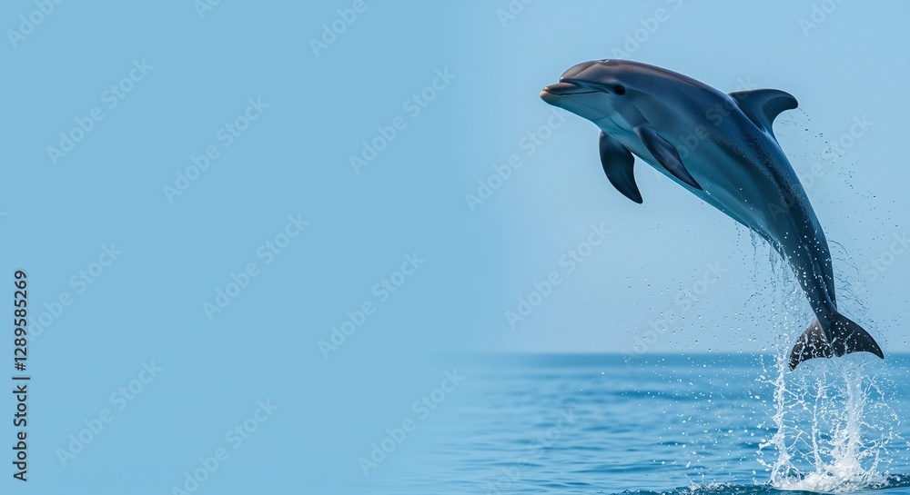 Fototapeta premium Dolphin leaping joyfully above serene ocean waters delivering a sense of freedom and excitement against a vibrant blue background