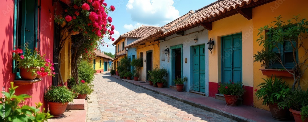 Fototapeta premium Colorful colonial architecture with vibrant flowers , allende, building, blue
