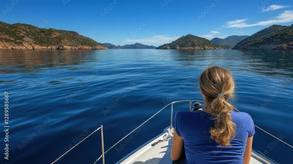 Fototapeta premium A young woman enjoying a serene moment on a boat, gazing over calm waters surrounded by mountains under a clear blue sky during daytime.