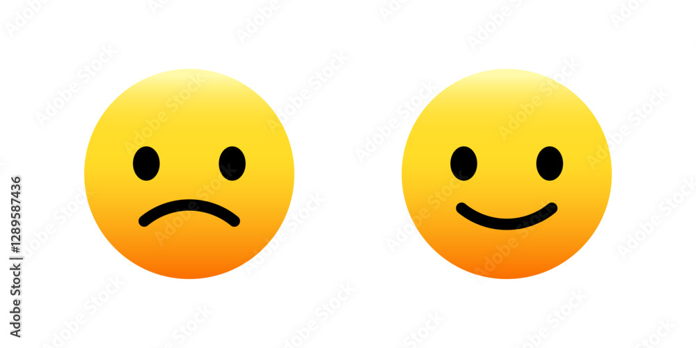 Fototapeta premium Smile, happy and sad emoji emoticon in modern style, yellow circle - feedback, rating emoticons