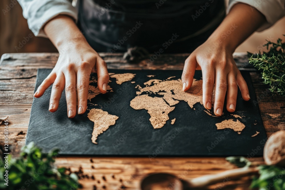 A Caucasian Female Chef in Her 30s Using a Geographical Map to Prepare Ingredients with Fresh Herbs and Spices on a Wooden Kitchen Table, Emphasizing Culinary Arts A Caucasian Female Chef in Her 30s Using a Geographical Map to Prepare Ingredients with Fresh Herbs and Spices on a Wooden Kitchen Table, Emphasizing Culinary Arts