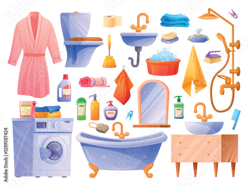 Cartoon bathroom accessories. Bath room supplies, personal hygiene products soap shampoo washbasin sink mirror shower towel toilet brush bathrobe hair comb tidy vector illustration