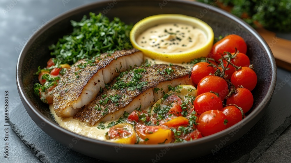 Pan-seared fish, creamy sauce, cherry tomatoes, parsley, dark bowl