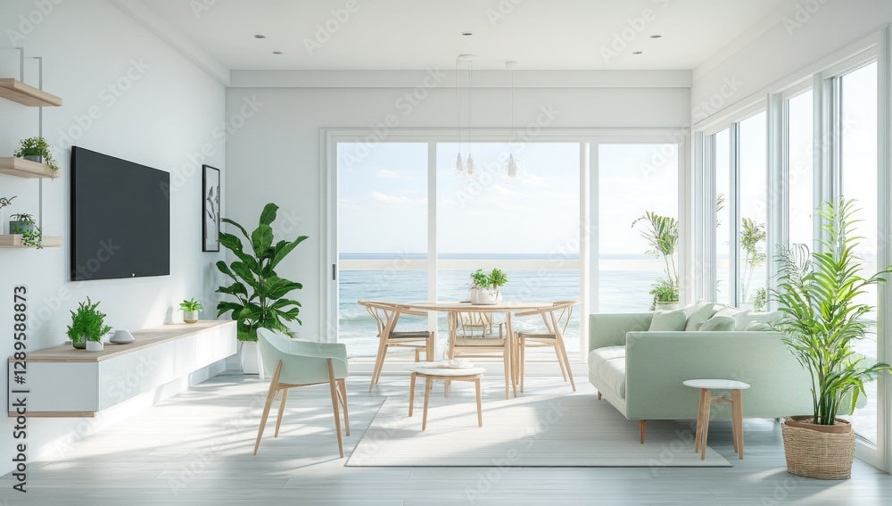 Bright, airy living room with ocean view, light green sofa, and wooden furniture. Bright, airy living room with ocean view, light green sofa, and wooden furniture.