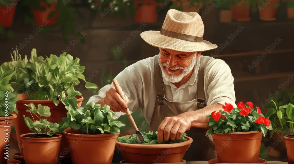 Gardener working in garden in Spring.