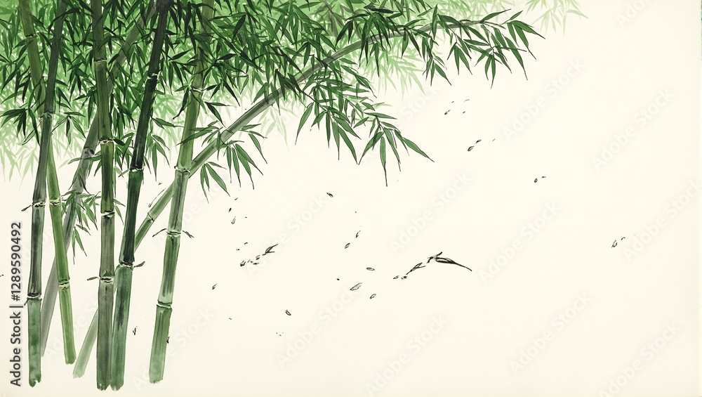 Obraz premium Tranquil Japanese bamboo grove painting with precise ink strokes capturing the swaying movement and peaceful essence of the scene