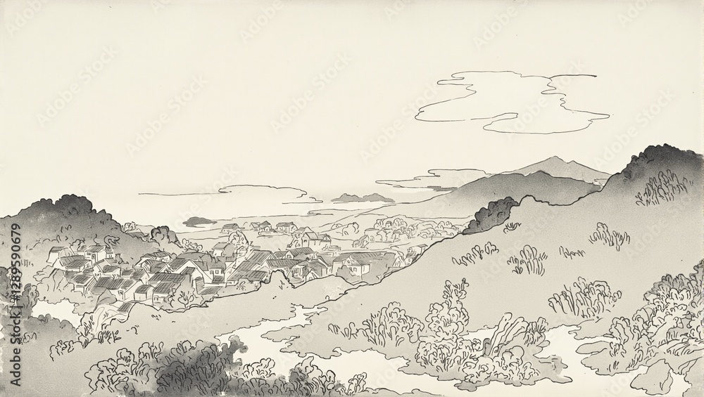 Tranquil Japanese village nestled among serene hills captured in delicate vintage brushwork invoking the beauty of traditional rural life Tranquil Japanese village nestled among serene hills captured in delicate vintage brushwork invoking the beauty of traditional rural life