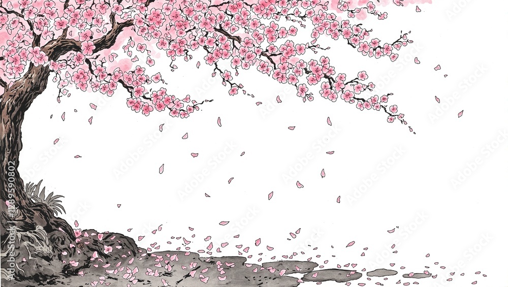 Naklejka premium Delicate cherry blossom petals floating onto a serene stone path in a traditional Japanese ink painting embodying the beauty of impermanence