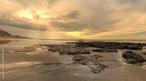 Wallpaper Mural Golden sunrise over tranquil beach with golden colors and sun rays through the clouds. Torontodigital.ca