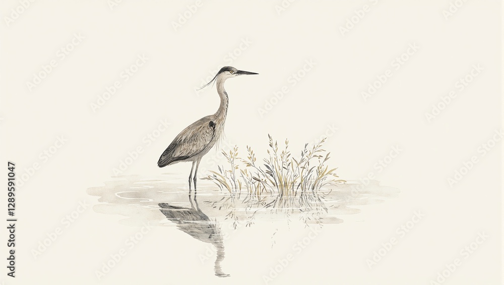 Fototapeta premium Tranquil Japanese watercolor Heron wading in a pond reflecting the peaceful ripples Serene earth tones exude calm