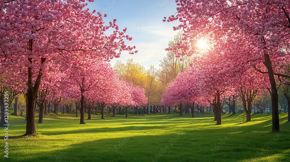 Naklejka premium 春の公園に咲き誇る桜並木と朝日の美しい風景