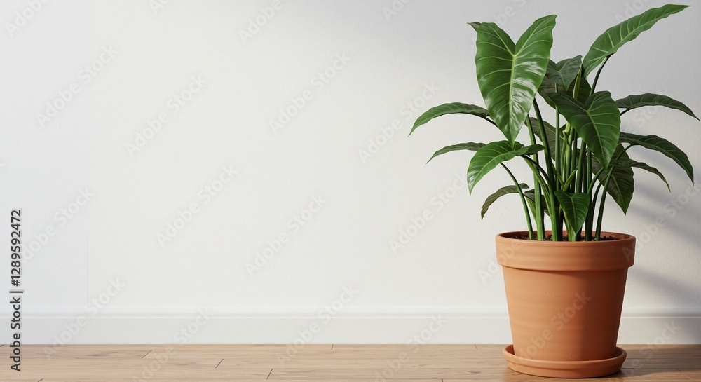 Fototapeta premium Lush green indoor plant in terracotta pot bringing a fresh and vibrant feel to a minimalistic interior space with neutral walls and wooden flooring