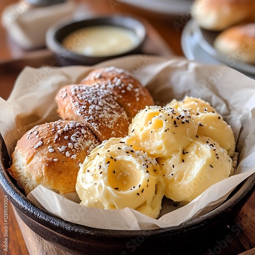 Sweet buns with butter, restaurant, breakfast photo