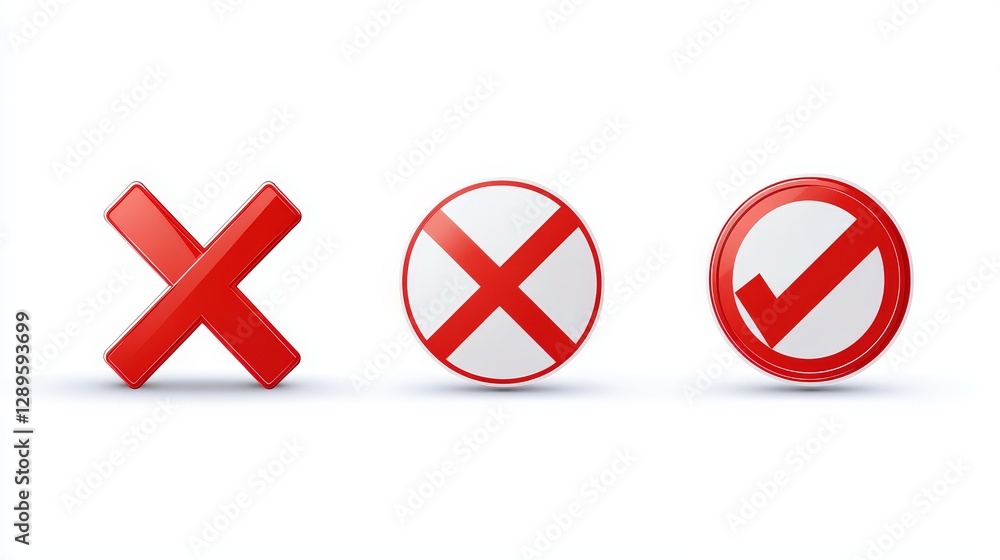 Obraz premium 3D checkmark, question mark, caution, and cross signs. Realistic caution mark for brochure design on a white background. Vector illustration.
