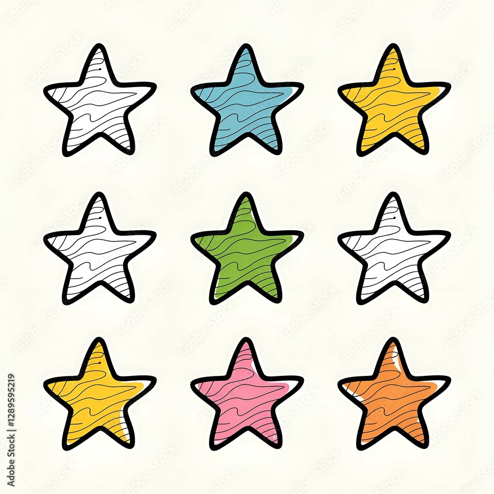 Outlined Stars in Different Colors with Hand-Drawn Texture on White Background Outlined Stars in Different Colors with Hand-Drawn Texture on White Background