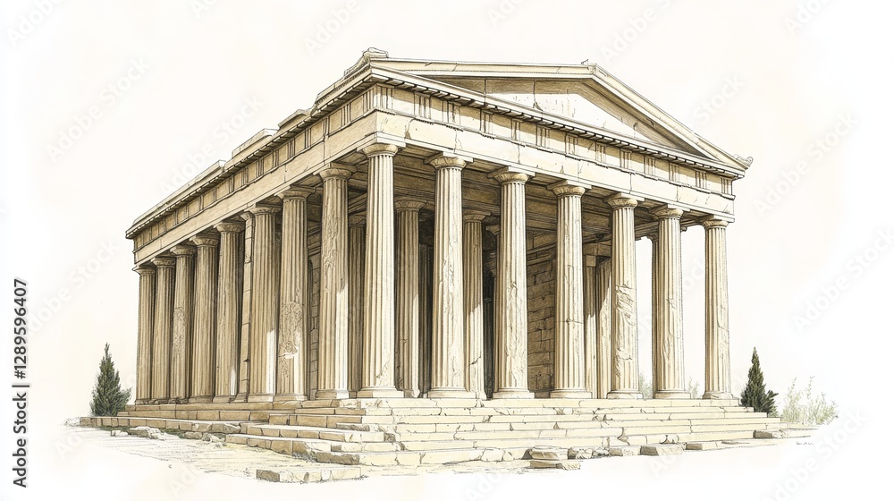 Obraz premium A Greek temple with tall columns, seen on a white background. It is a drawing.
