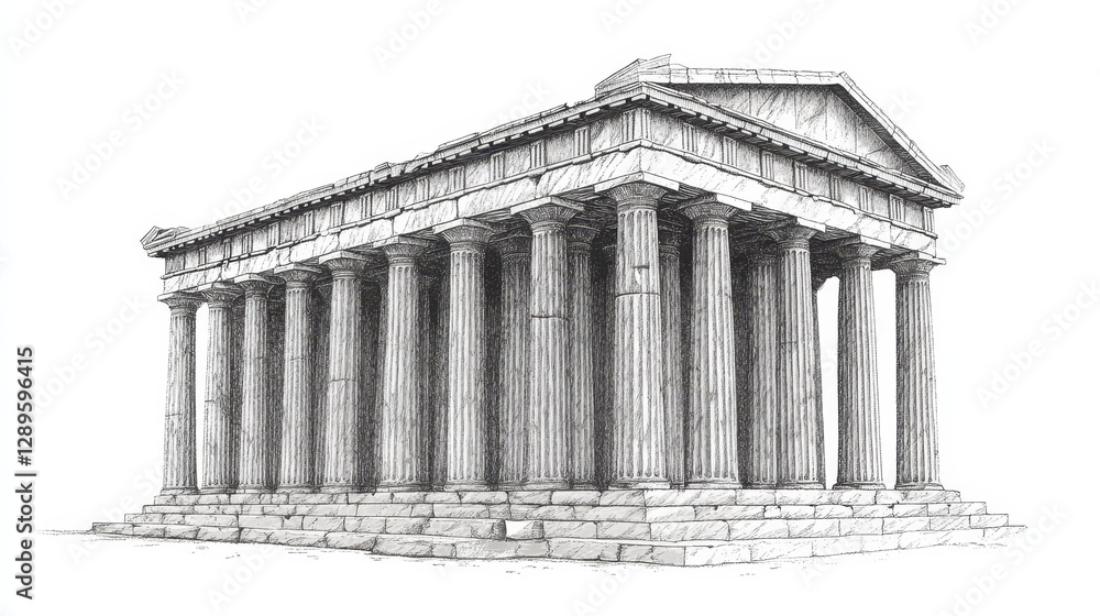 Obraz premium A Greek temple with tall columns, seen on a white background. It is a drawing.