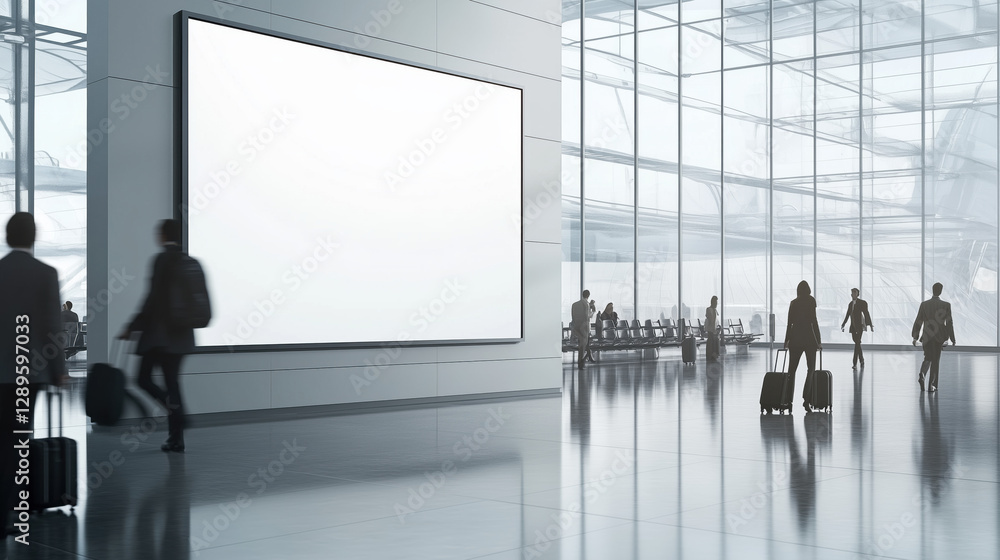 Fototapeta premium Large Blank Advertising Poster Displayed on a Modern Panel in a Busy Airport Terminal with Travelers Carrying Luggage, Natural Light Streaming Through Glass Walls, and a Spacious International Atmosph