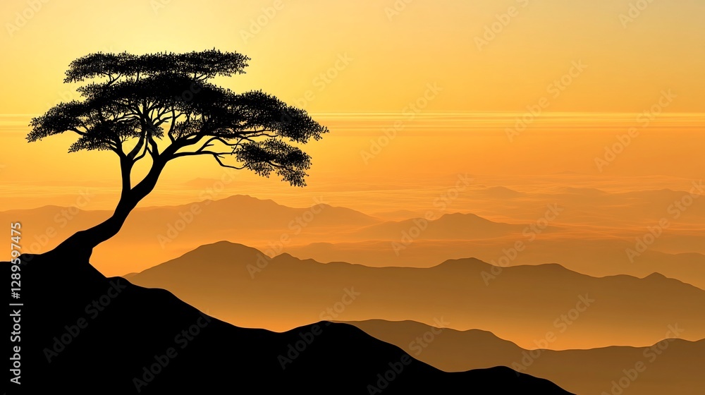 Fototapeta premium Sunset silhouette tree atop mountain range