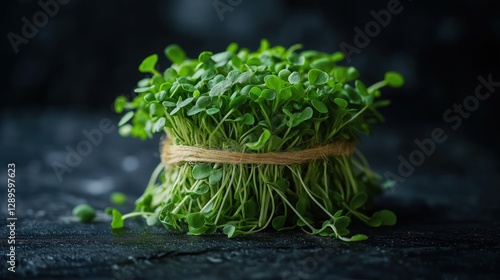 Close-up of freshly harvested microgreens tied with twine on dark background