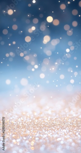 Light blue background, white and gold glittering lights, blurred background