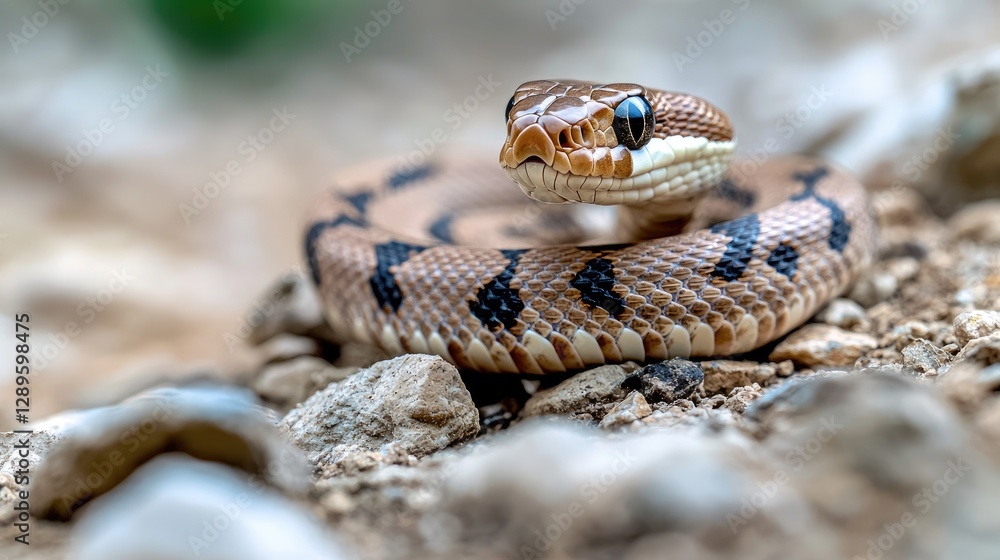 Obraz premium Snake coiled on rocks, nature background, wildlife photography, for websites