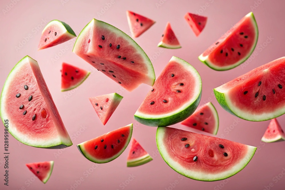 Slices of fresh juicy watermelon falling on light pink background Slices of fresh juicy watermelon falling on light pink background