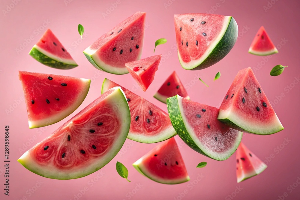 Slices of fresh juicy watermelon falling on light pink background Slices of fresh juicy watermelon falling on light pink background