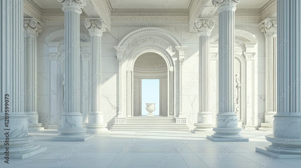 An ancient Greek temple's interior features white marble columns, an archway entrance, and a decorative vase. The realistic 3D illustration shows the temple's Baroque sculpture and overall grandeur. An ancient Greek temple's interior features white marble columns, an archway entrance, and a decorative vase. The realistic 3D illustration shows the temple's Baroque sculpture and overall grandeur.