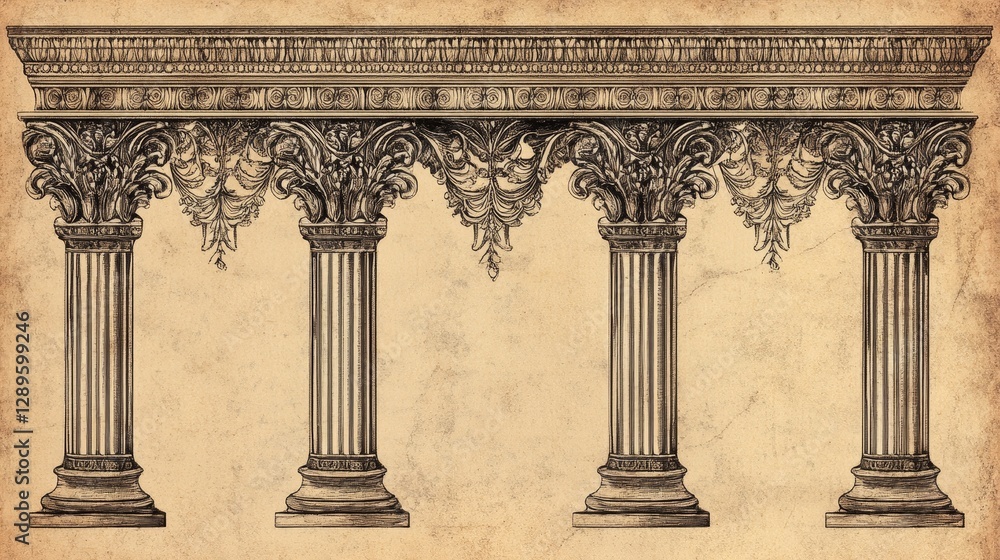 Obraz premium An ancient Roman-style drawing with columns and borders, similar to old Venetian designs. It's made with a single line in a vector graphic style.
