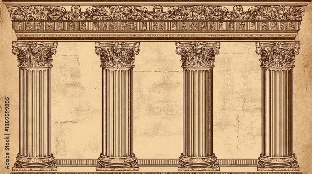 Obraz premium An ancient Roman-style drawing with columns and borders, similar to old Venetian designs. It's made with a single line in a vector graphic style.