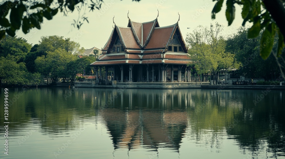 Obraz premium An old building, Siriraj Bimuksthan Museum, is reflected in the water. The focus is not clear.