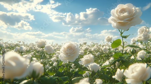 Fototapeta Naklejka Na Ścianę i Meble -  A field of white roses and a beautiful blue sky