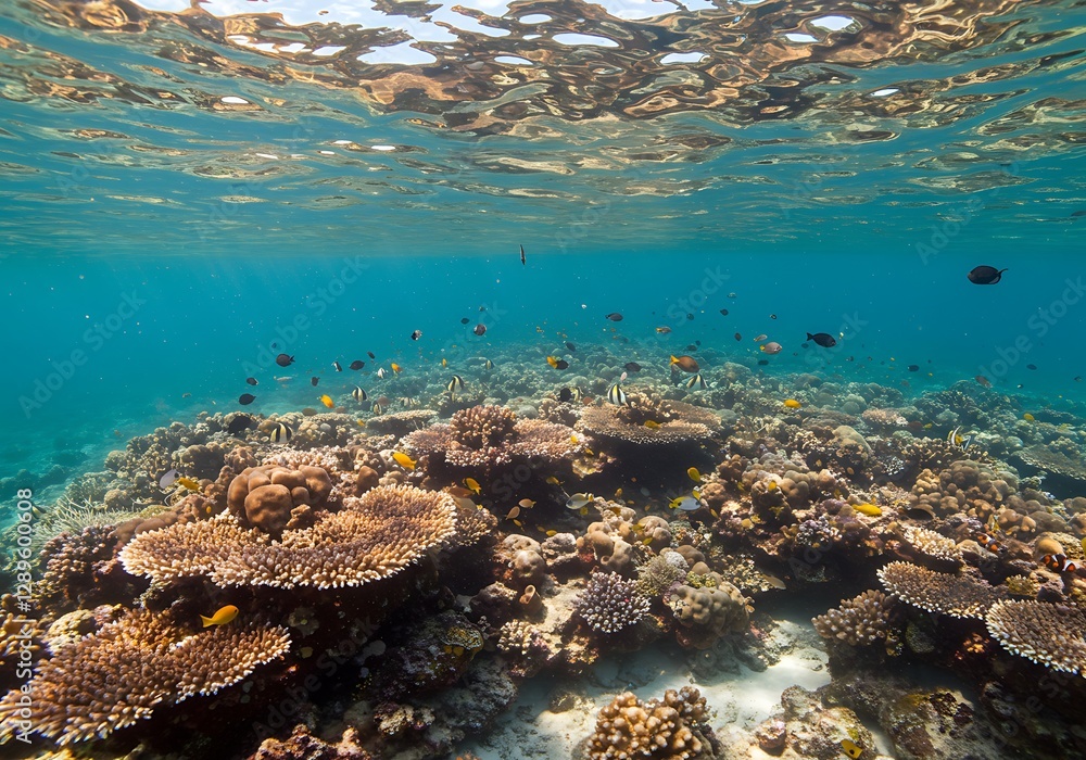 Fototapeta premium Underwater Coral Reef with Colorful Fish and Clear Blue Water