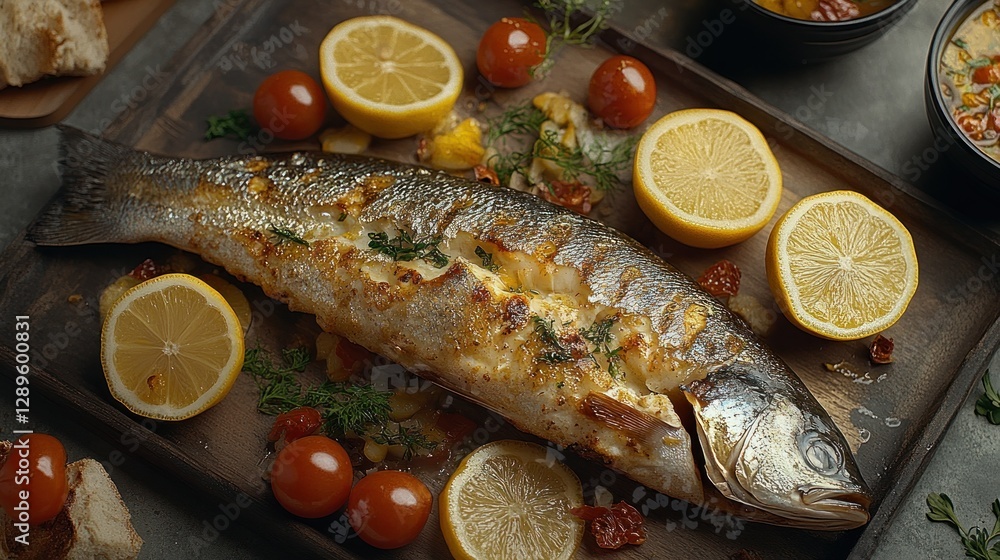 Roasted sea bass, lemon, tomatoes, herbs, rustic tray, kitchen, food photography Roasted sea bass, lemon, tomatoes, herbs, rustic tray, kitchen, food photography