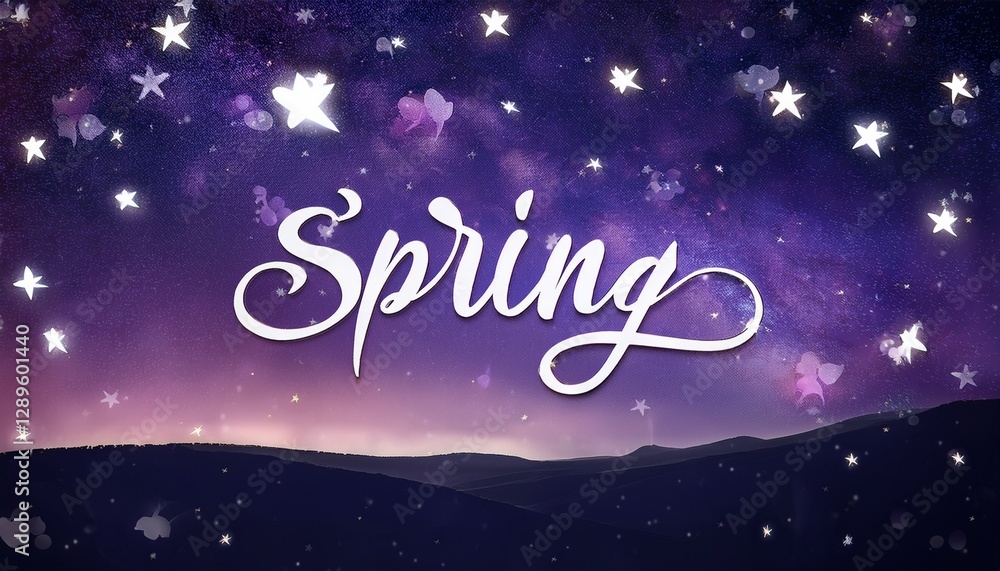 深い紫に染まる春の夜、星々が輝く空に浮かぶ「SPRING」の静かな光
深い紫に染まる春の夜、星々が輝く空に浮かぶ「SPRING」の静かな光