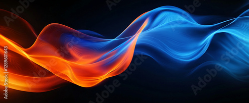 Abstract flow of vibrant blue and orange light waves on a dark background, symbolizing movement, energy, and dynamic contrast in modern design.