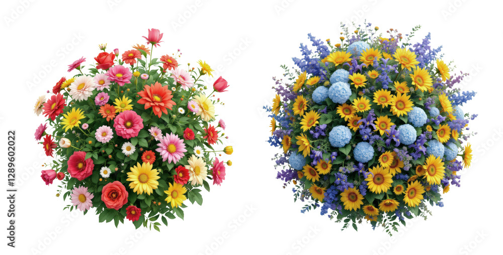 Fototapeta premium Colorful Floral Bouquets Featuring Vibrant Blossoms in Pink, Yellow, Blue, and Purple, Perfect for Celebrating Nature's Splendor, Isolated on Transparent and White Background