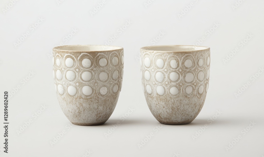 Cups with a rounded top, embellished with white circular designs, Cups with a rounded top, embellished with white circular designs,